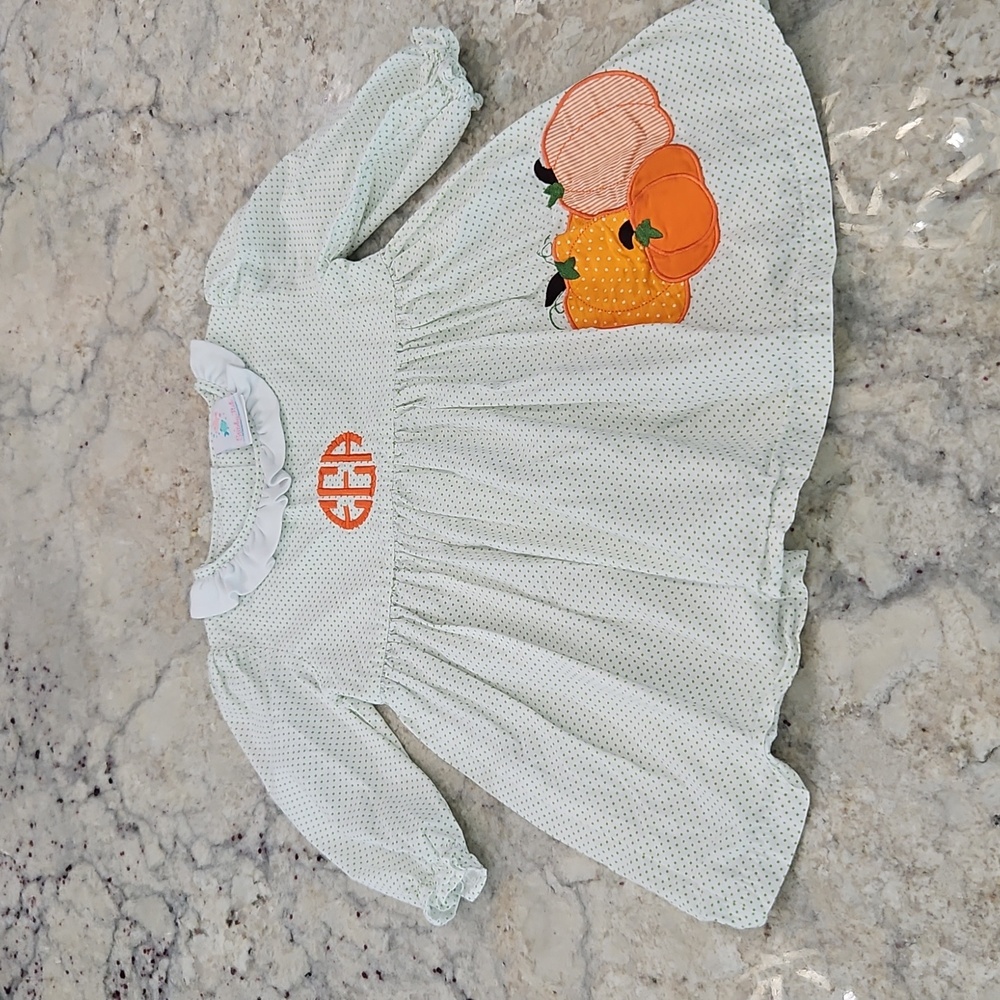 Adorable Polka Dot Dress with Pumpkin Appliqué. Monogrammed With Initials EAE